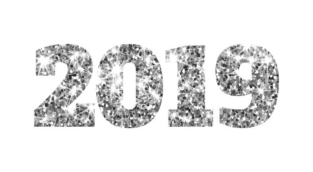 Happy new 2019 year. Silver glitter particles. Shine gloss brilliance sparkles sign. Holidays design element for calendar, party invitation, card, poster, banner, web.