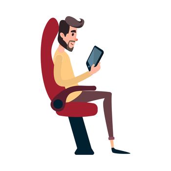 A man is a passenger on a bus or plane. A young man sits in the airplane s chair and looks at the tablet. The bus seat is occupied by the reading man