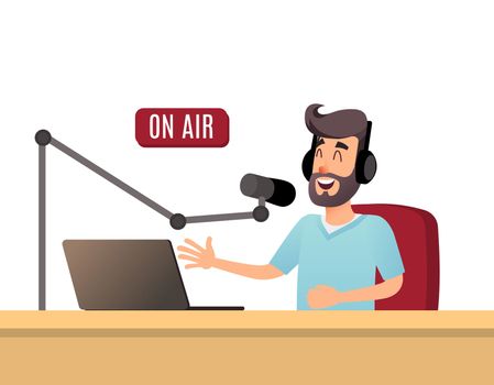 The radio presenter is talking on the air. A young radio DJ in headphones is working on a radio station. Broadcasts flat design illustration