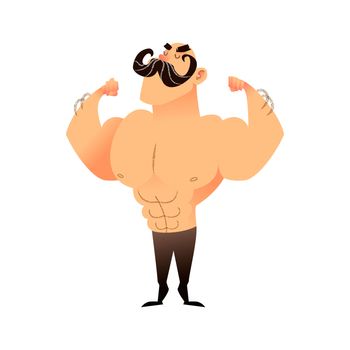 Cartoon muscular brutal man with a mustache. Funny athletic guy. Bald man proudly shows his muscles in strong arms. flat illustration of an athlete or circus performer. Strong character with naked torso shows muscular arms with biceps and triceps