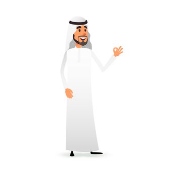 Cartoon arab man. Arabic businessman flat character. Arabian muslim entrepreneur in traditional national costume.