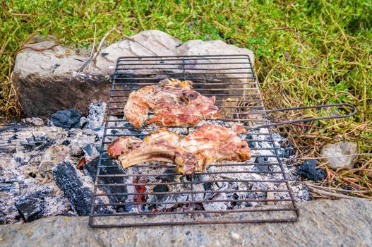 Two pork ribs on a simple coal barbecue