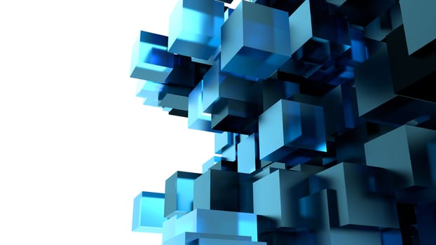 A Blue Cubes Abstract Background For Your Design. White Background And Transparent Cubes. 3D Illustration