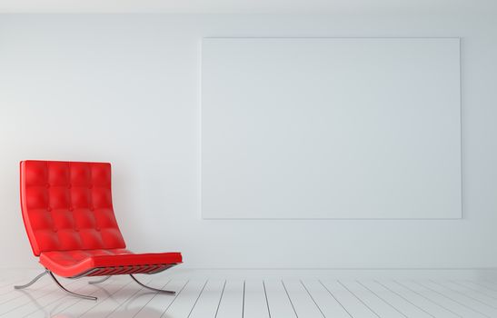 Mock up Blank Poster on the Wall of Living Room, 3D illustration. Red Armchair on Wooden White Floor