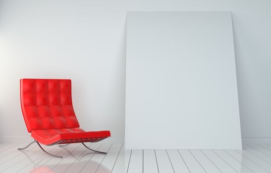 Mock up Blank Poster on the Wall of Living Room, 3D illustration. Red Armchair on Wooden White Floor