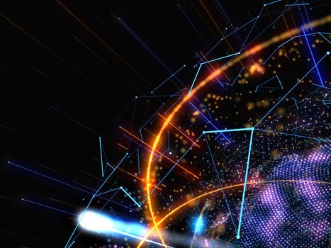 Abstract Connected Bright Dots On Dark Background. Technology Concept. 3D Illustration