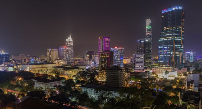 Saigon, Ho Chi Minh, Vietnam, Asia, 29 January 2018- Skyline view of the capital city Ho Chi Minh at night with the colourful city lights ablaze.