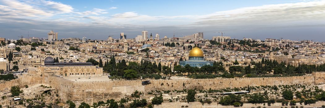 View of Jerusalem Old city and the Temple Mount, Dome of the Rock and Al Aqsa Mosque from the Mount of Olives in Jerusalem, Israel