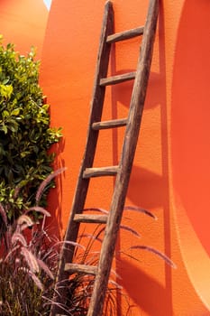 Rustic wooden ladder against a bright orange wall in summer