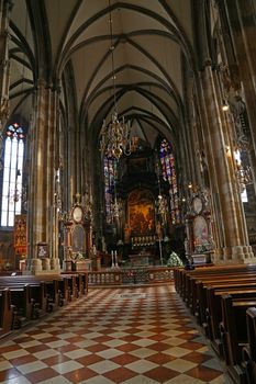 Interior view of famous Saint Stephen Cathedral (Stephansdom), the biggest cathedral and most important religious building in Vienna, Austria, personal perspective