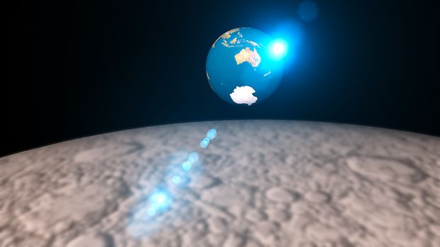 Abstract 3d rendering background with The rotation of the earth and flare. View from the moon. 3d rendering