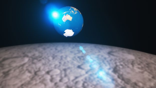 Abstract 3d rendering background with The rotation of the earth and flare. View from the moon. 3d rendering