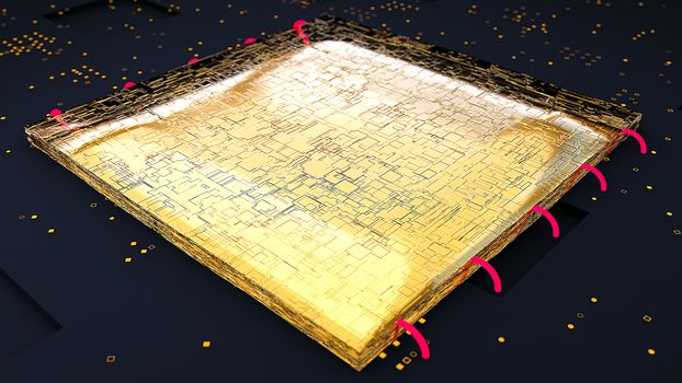 The CPU gold chip. 3d rendering background