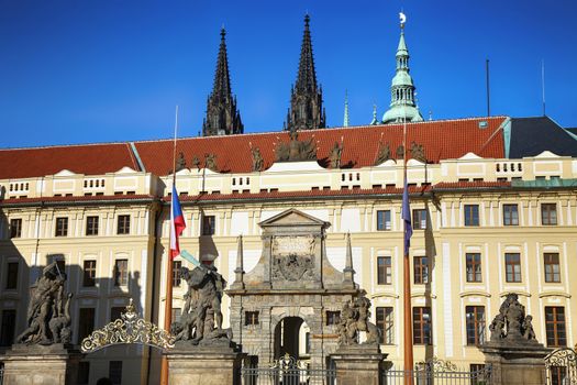 Statue on entrance to the Prague castle located in Hradcany district. Prague, Czech Republic