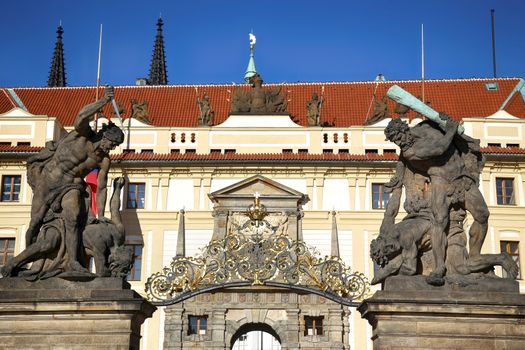 Statue on entrance to the Prague castle located in Hradcany district. Prague, Czech Republic