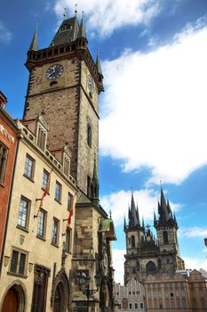 Famous Astronomical Clock Orloj and Church of our Lady Tyn in Prague, Czech Republic