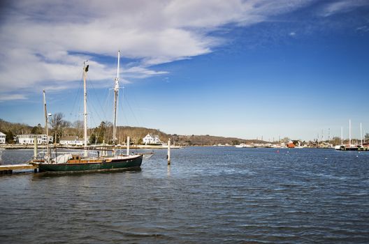 View of Mystic, Connecticut. The village is located on the Mystic River, which flows into Long Island Sound, providing access to the sea.