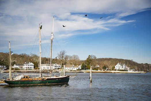 View of Mystic, Connecticut. The village is located on the Mystic River, which flows into Long Island Sound, providing access to the sea.
