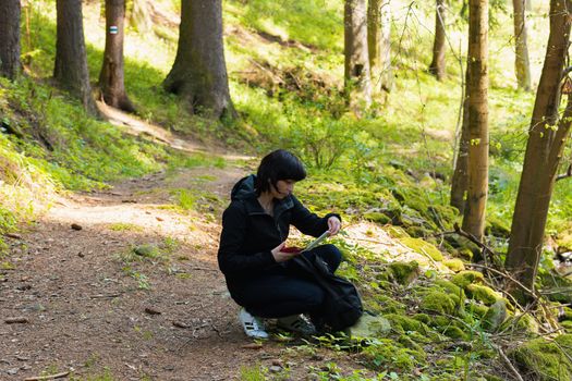 Middle age woman, on hiking trip, lost in forest, calling from mobile cell phone for help.