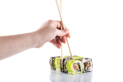 Roll the delicious sushi on a white background.