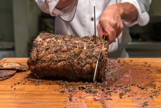 Carving of Wagyu beef roast