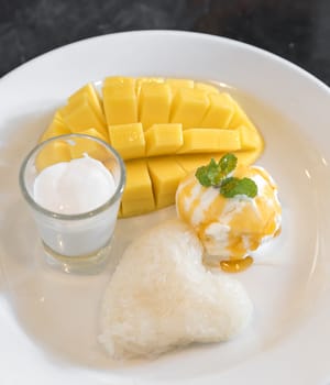 Mango with sticky rice and ice cream