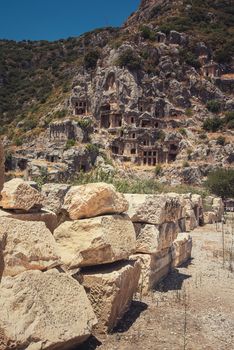 Ancient lycian Myra rock tomb ruins at Turkey Demre
