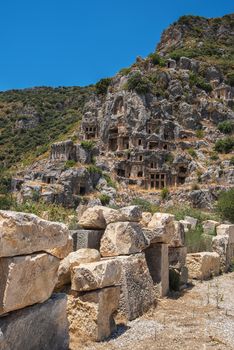 Ancient lycian Myra rock tomb ruins at Turkey Demre
