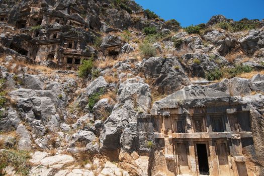 Ancient lycian Myra rock tomb ruins at Turkey Demre