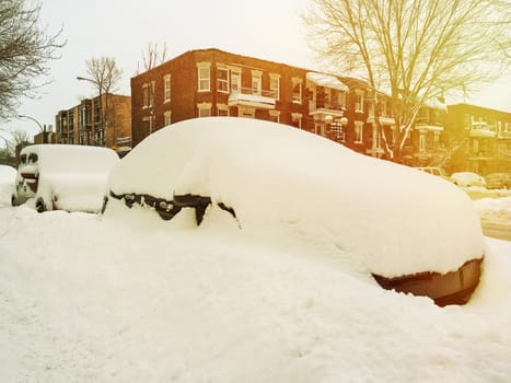 Cars entirely covered by snow. Winter evening in Montreal, Canada.