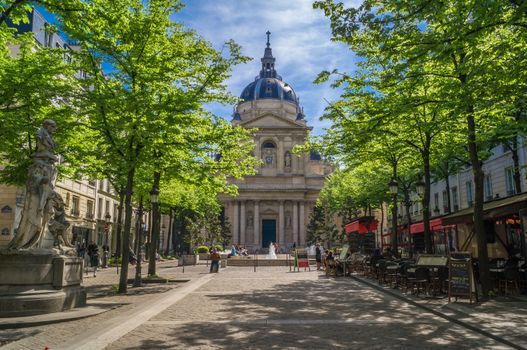 Sorbonne university main building and square in Paris in spring