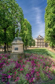 Senat building and statue in Paris in spring