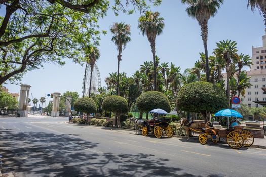 two horse drawn carriages in front of a giant wheel at Malaga, Spain, Europe on a summer day with blue sky