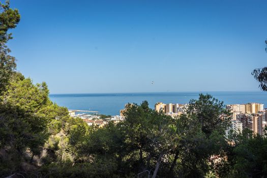 City skyline of Malaga overlooking the sea ocean in Malaga, Spain, Europe on a bright summer day with blue skies with trees
