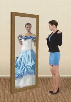 Woman in a business suit seeing herself as a princess in a mirror