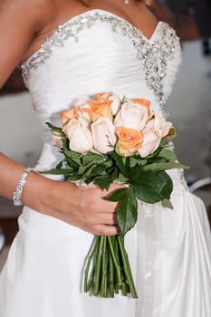 close up of beautiful wedding bouquet with roses