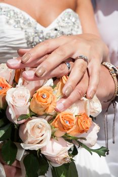 hands of wedding couple, shows his rings