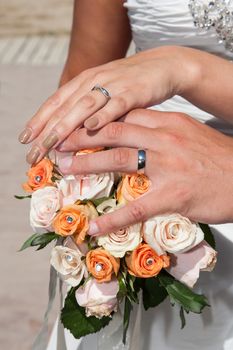 hands of wedding couple, shows his rings