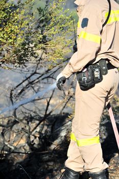 ZAKYNTHOS GREECE JULY 3: Fire department in action at makris gialos small forest close to the sea low scale fire on July 03 2013 in Zakynthos,Greece