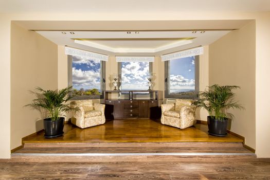 luxury living room with beautiful view from the windows 