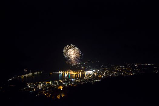 big beautiful fireworks in a religious celebration of a greek island 