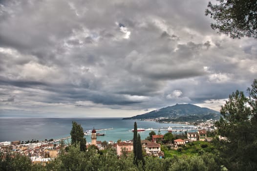panoramic view of the city  of zante island with the port and the ionian sea 
