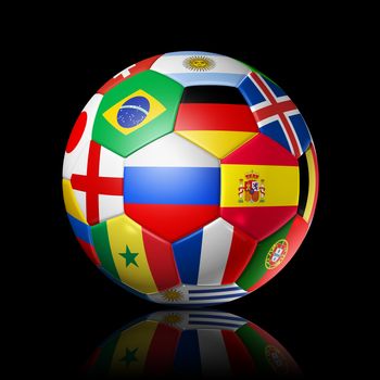 3D football soccer ball with team national flags. Russia 2018. Isolated on black