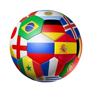 3D football soccer ball with team national flags. Russia 2018. Isolated on white