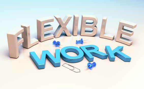 3D illustration words flexible work and office supplies. Concept of workplace flexibility.