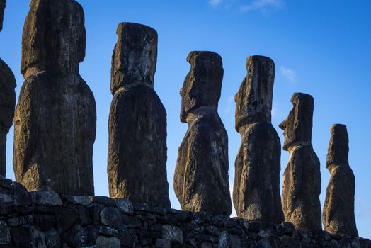 Moais statues, ahu Tongariki, easter island, Chile