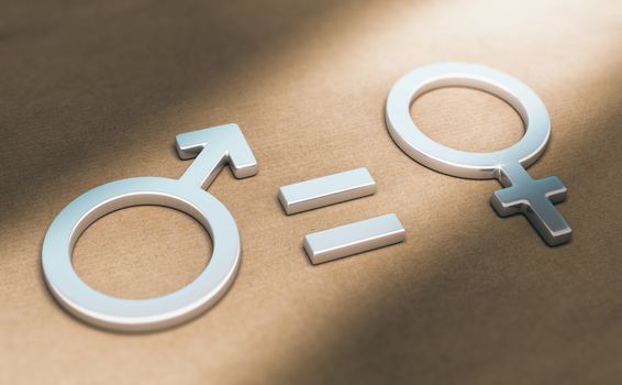 3d illustration of male and female symbols with equal sign over paper background. Concept of women rights and gender equality.