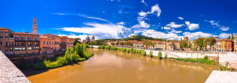 Verona cityscape from Adige river bridge panoramic view, Veneto region of Italy