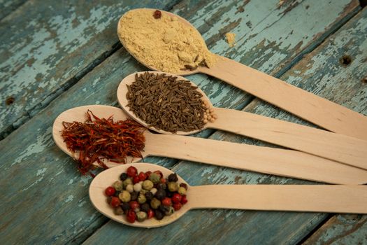 Saffron, pepper, cumin and mustard in a wooden spoons