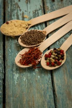 Saffron, pepper, cumin and mustard in a wooden spoons